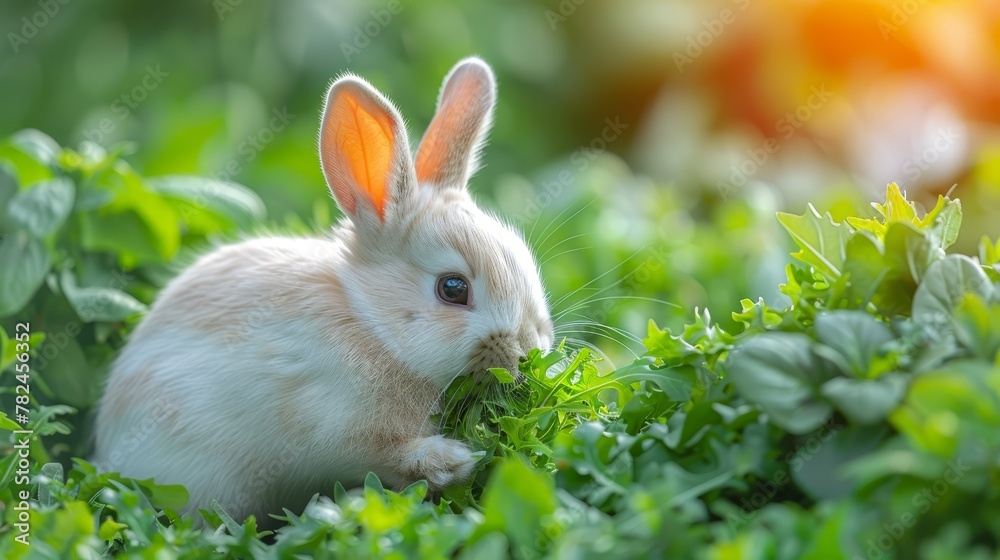 A white rabbit with orange ears sits in a lush green field, gazing at the camera A white rabbit with orange ears sits in a lush green field, gazing at the camera