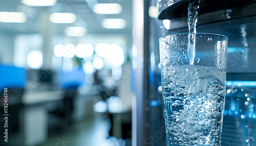 water flows into a transparent glass from a cooler on a blurred office background photo