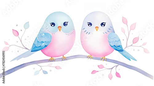 Lovebirds Perch, Pair of lovebirds, soft blues & pinks, cartoon drawing, water color style. © Watercolorbackground