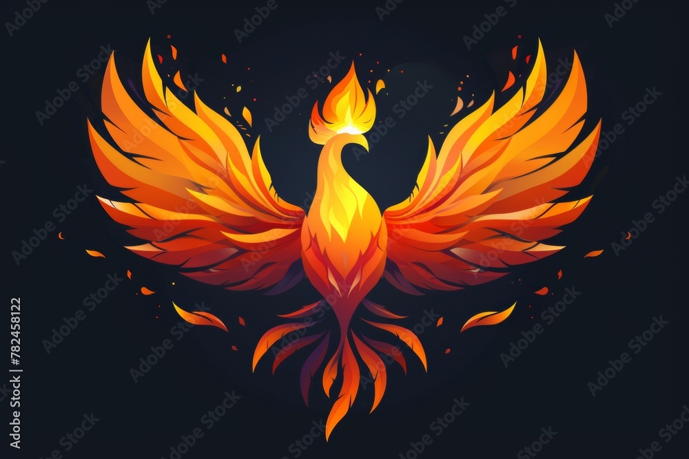 A fire bird with its wings spread out. A magical creature made of fire. - obrazy, fototapety, plakaty 