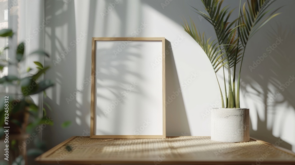 Blank a4 wood frame mockup interior background, circular motion, 3d rendering. Vertical painting plaque mockup. Clear table border with canvas panel template Blank a4 wood frame mockup interior background, circular motion, 3d rendering. Vertical painting plaque mockup. Clear table border with canvas panel template