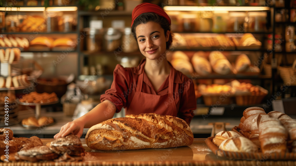 baker in apron presents freshly baked bread in bakery
