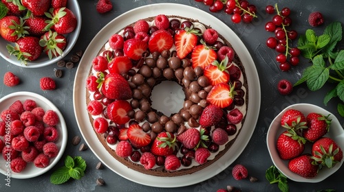  A chocolate cake, adorned with strawberries and chocolate chips, sits on a plate Nearby, separate bowls hold additional strawberries and chocolate chips