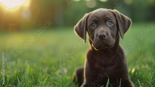 Young Labrador Retriever puppy, bathed in the golden light of a setting sun.