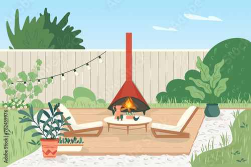 Cozy backyard with vintage cone fireplace and plants in pots House patio with fence, furniture for picnic with barbecue, green grass and tree Summer landscape of yard Vector cartoon illustration
