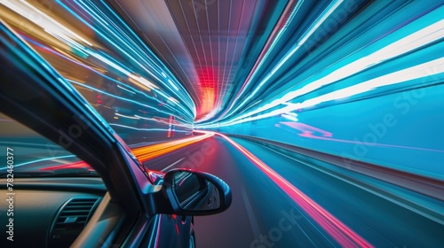Car driving through a tunnel, lights reflecting on the walls