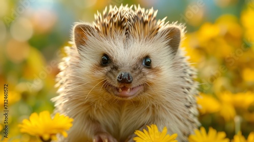  A hedgehog, up close, in a dandelion field – mouth agape, tongue out