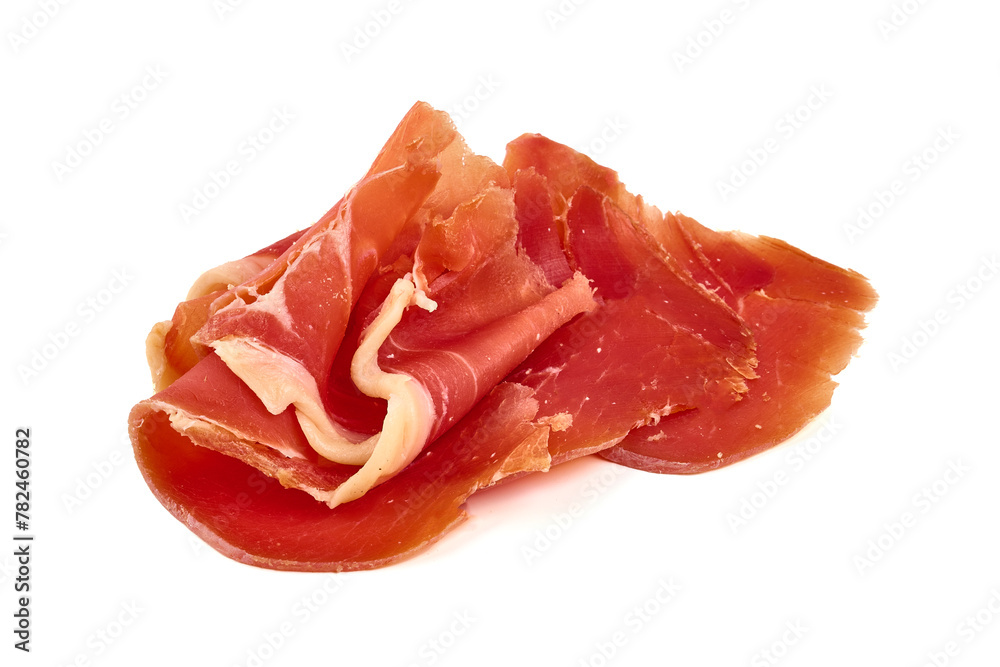 Dry Spanish ham, Jamon Serrano, Bellota, Italian Prosciutto Crudo or Parma ham, isolated on white background Dry Spanish ham, Jamon Serrano, Bellota, Italian Prosciutto Crudo or Parma ham, isolated on white background