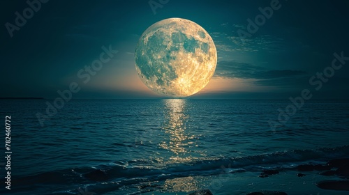  A full moon rising over a body of water, with the reflection on its surface in the foreground