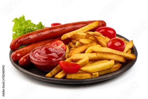 Grilled sausage with french potatoes, isolated on white background © GSDesign
