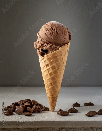 Schokoladen Eis auf Eistüte - Schokoeis mit Stanitzel und Schokolade als Dekoration - grauer Hintergrund - Eistüte passt perfekt für Kugel Eis photo