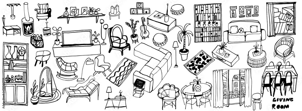 Living room set hand drawn vector doodle illustration.
