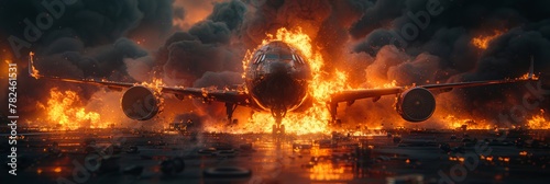 Artwork depicting a plane crash concept with a burning passenger plane on the airstrip photo