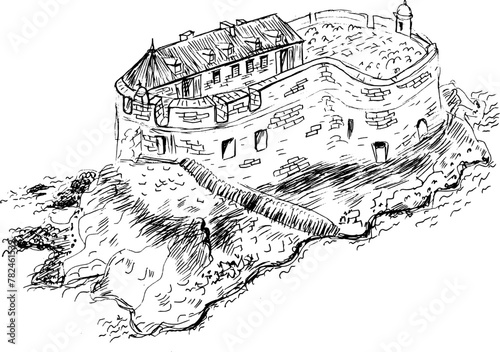French house building. Hand drawn castle on island vector illustration 