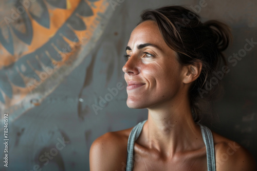 Ritratto di donna insegnante di yoga di profilo sorridente dopo la lezione photo