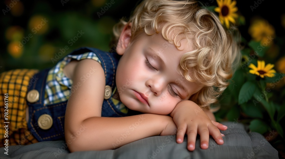 A happy boy leisurely sleeps on a sunflower field pillow A happy boy leisurely sleeps on a sunflower field pillow