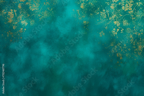 Turquoise Textured Background with Gold Floral Ornaments