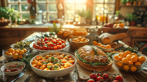 A table is set with a variety of food and drinks, including a large platter of fruit and a selection of cheeses. The table is surrounded by potted plants and flowers, creating a warm