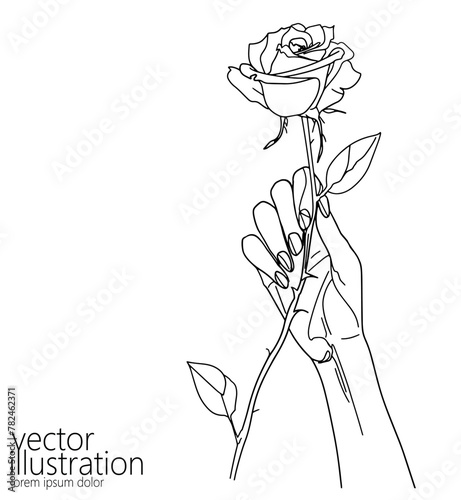Hand with rose gift single continuous line art. Romantic love date relationship present flower silhouette concept design one sketch outline drawing white vector illustration