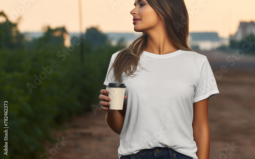 Portrait of young beautiful woman in jeans and T-shirt hold hands in pockets look at camera pose for picture, photo