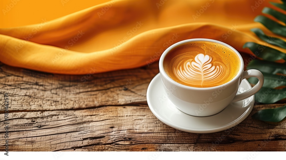 Obraz premium A cup of coffee rests on coffee beans on a wooden table. copy space