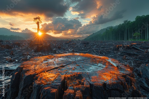 Desolate aftermath: stark image of tree stumps and debris under cloudy sky