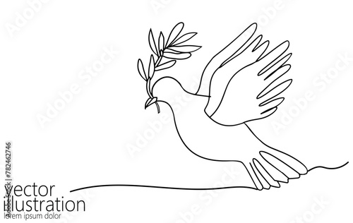 Continuous line art dove of peace. World Day pigeon hope emblem against military conflict violence poster drawing sketch. National bird stop no war vector illustration