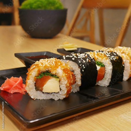 Plate of asian sushi on the table in cafe