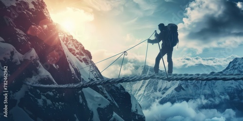 rock climbing with ropes, bridges at the top of mountains