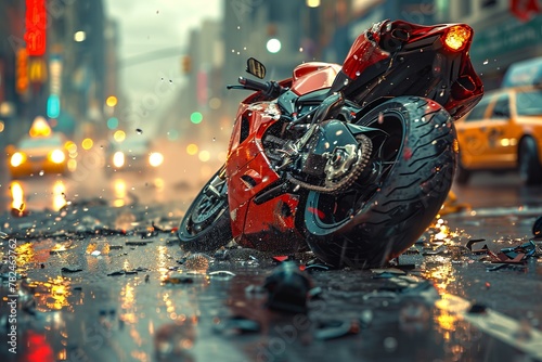 Red motorbike parked on wet city street with water pooling around tires