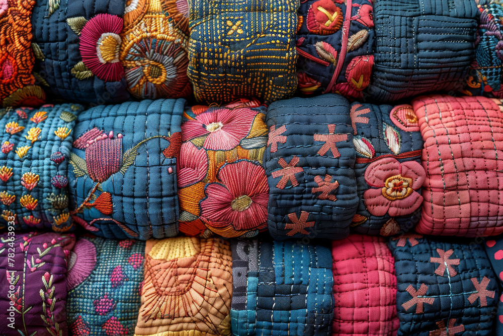 A medley of fabric scraps and textile samples, stitched together to form a patchwork quilt. Concept of craftsmanship and tradition. Generative Ai. A medley of fabric scraps and textile samples, stitched together to form a patchwork quilt. Concept of craftsmanship and tradition. Generative Ai.
