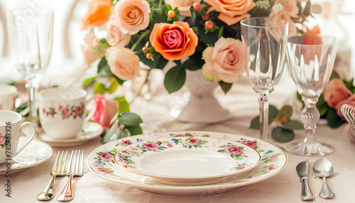 Festive table setting with roses in bright colors and vintage crockery on a beige background