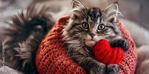 A beautiful longhaired cat is sitting on a white background and holding a red heartshaped toy in its paws photo