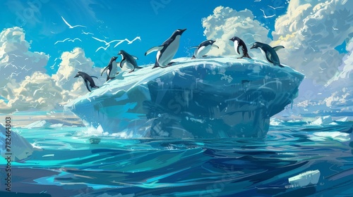 Several penguins are perched on the top of a large iceberg, surrounded by icy waters. The penguins appear to be resting or socializing in their natural habitat. photo