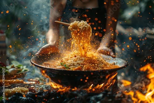 Person cooking noodles in liquid over fire using cookware
