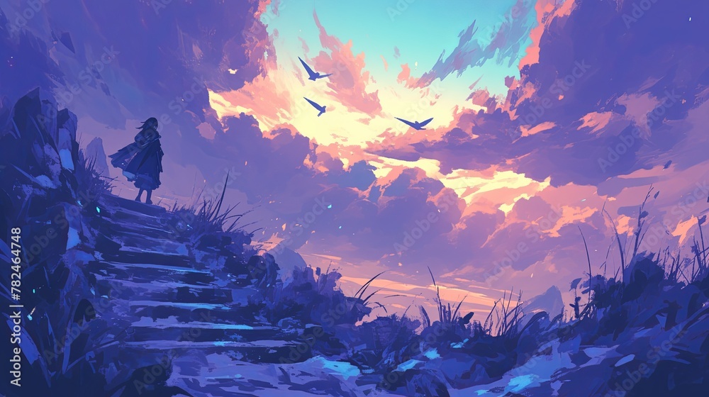 Stairway to the Sky: Anime-Inspired Fantasy Landscape with Girl and Birds - obrazy, fototapety, plakaty 