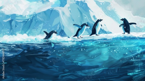 A group of penguins are swimming in the ocean, gracefully moving through the water with their flippers. The black and white birds are navigating the chilly Antarctic waters as a cohesive group.