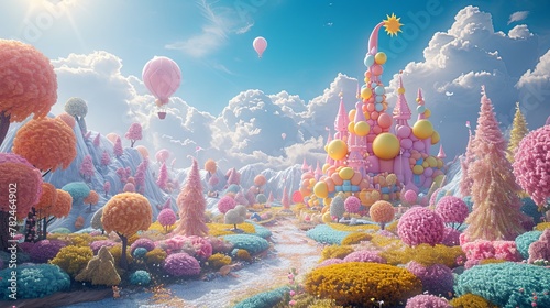Enchanting Pastel Dream: Fantasy Castle and Sun Balloon in Vibrant Garden