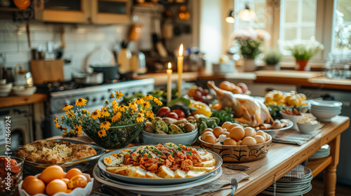A large table is covered with a variety of food, including sandwiches, salads, and fruit. The table is set for a big family gathering or party photo