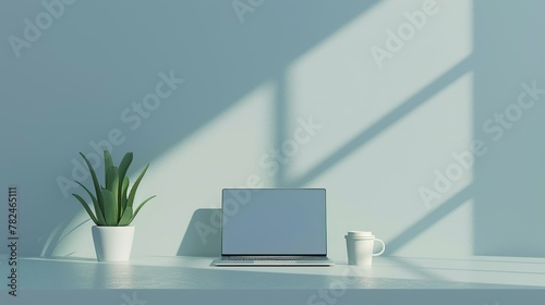 Image a laptop, a small plant and a coffee cup in desk. Minimalist flat lay blue background. photo