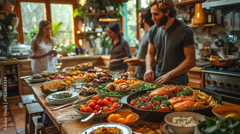 A group of people are gathered around a large table filled with food. Scene is warm and inviting, as the group of friends share a meal together