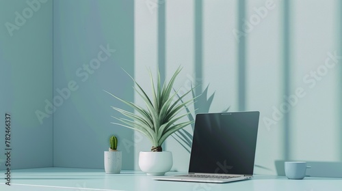 Workplace with open laptop on modern wooden table, cup of coffee and plant in small pot. photo