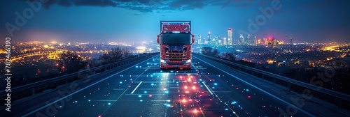 Semi-truck driving on motorway: Freight transport, logistics, and distribution services.