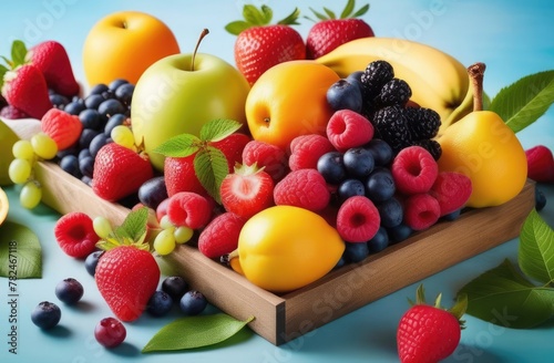 A wooden tray overflowing with assorted fruit  perfect for sharing at any table