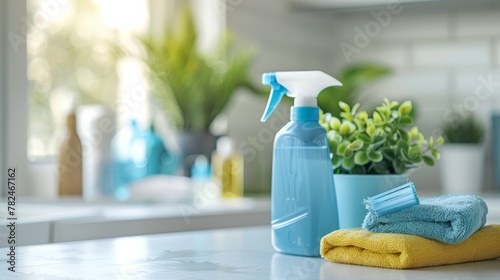 Blue spray bottle with cleaning solution and microfiber cloths on a white kitchen counter, blurred houseplant background photo