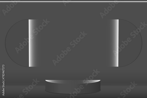 Semicircular realistic podium, pedestal, black on a dark background with white lighting on the wall. Vector illustration.