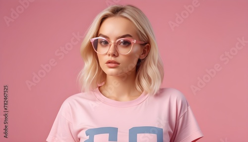 Full size photo of cute blond lady near promo wear eyewear t-shirt isolated on pink background
