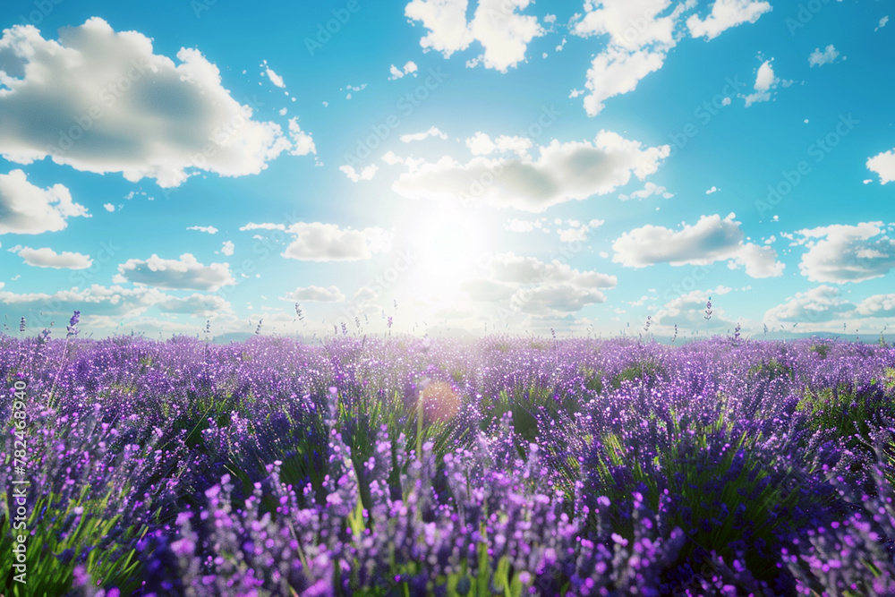Obraz premium Blooming lavender field under blue sky in sunlight, nature purple flower in summer, banner design