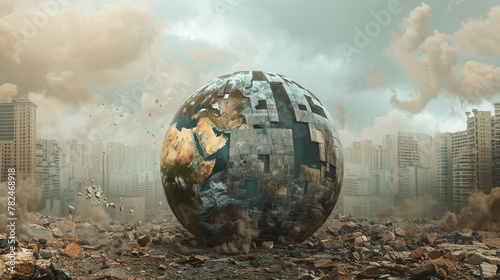Apocalyptic cityscape with shattered globe