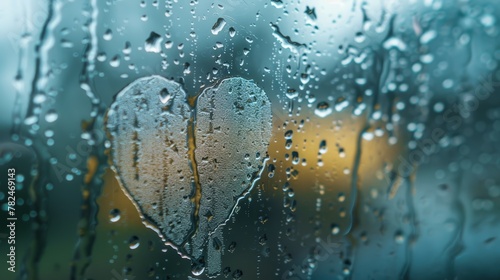 Heart symbol on a wet window with golden bokeh, reflecting themes of unrequited love, romantic moments, and the beauty of rainy days. Perfect for artistic expressions and romantic storytelling photo